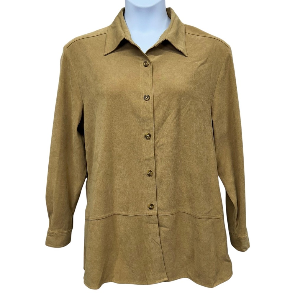 Joanna Shirt Womens Large Tan Stretch Faux Suede‎ Microfiber Button Front Tunic